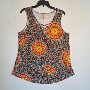 Feiersi Womens Tank Top XL Mandala Print Multi Color Criss Cross Front Boho